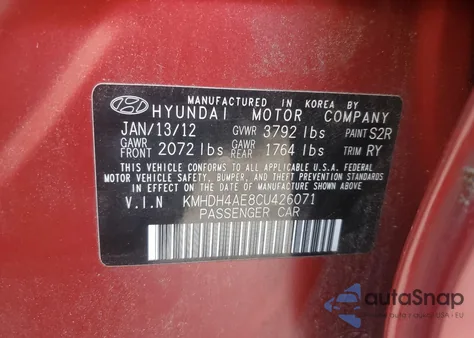 2012 Hyundai Elantra Gls from USA, damaged, VIN KMHDH4AE8CU426071